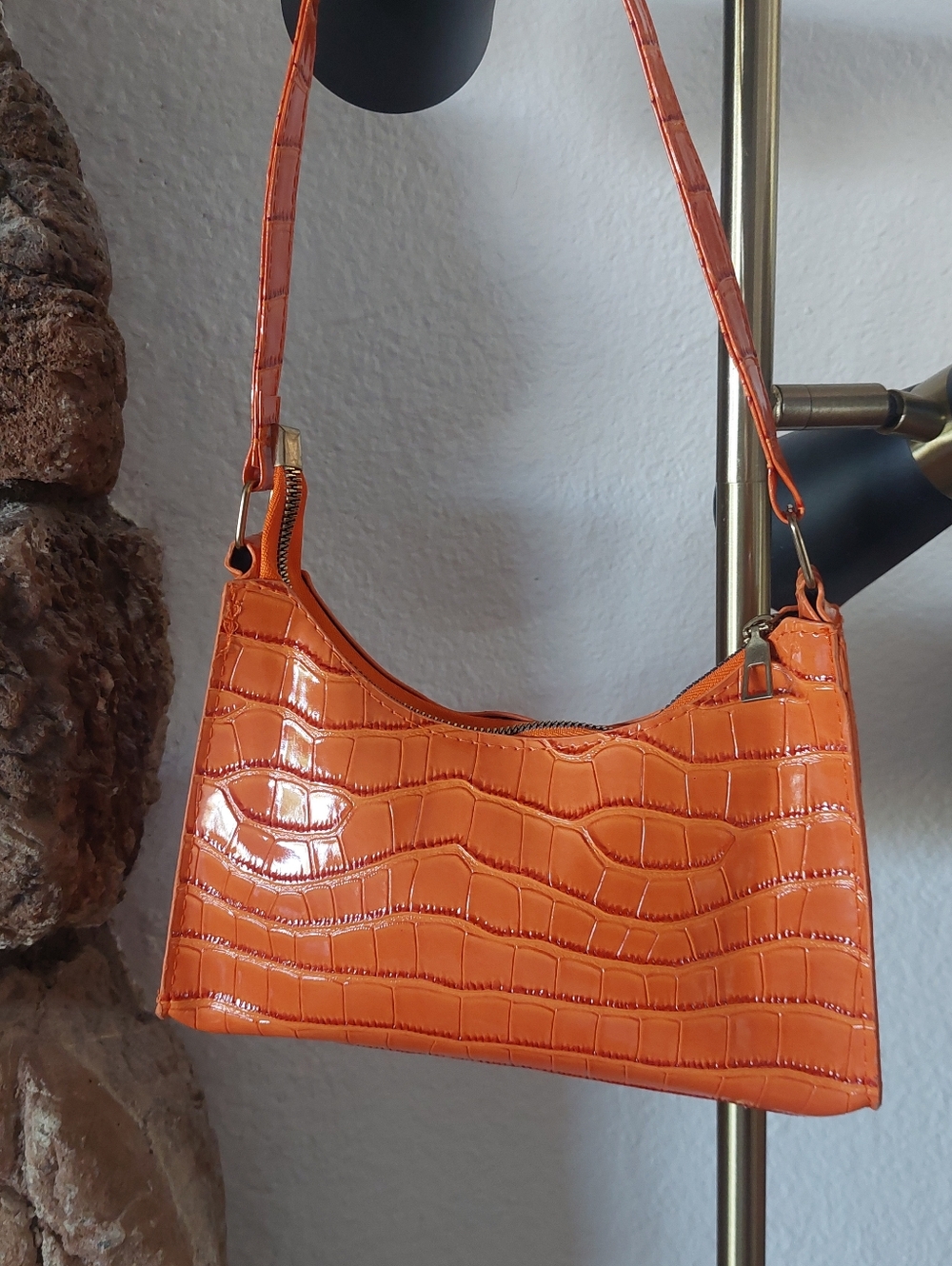 Chic Faux Croc-Embossed Orange Shoulder Bag